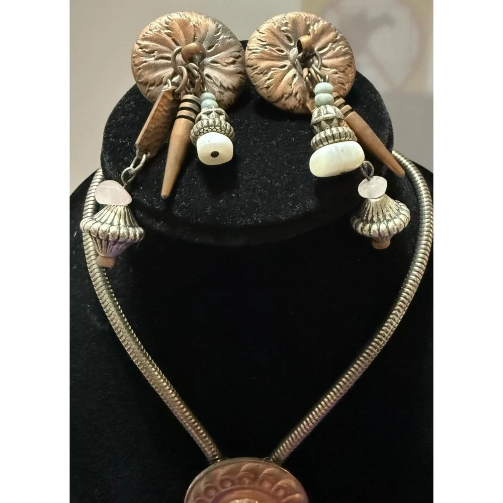 Vintage Circular Copper Look Pendant Bolo Tie On Chain Pierced Earrings Unique